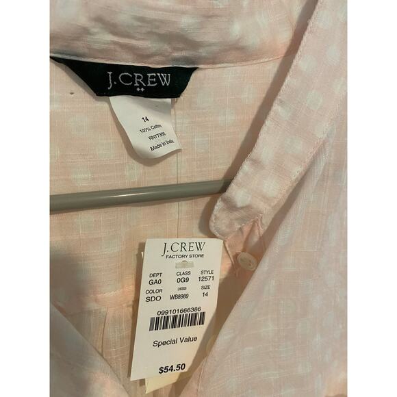 J. Crew 100% Cotton Pink with White Polka Dots Summer Blouse size 14 NWT - Picture 2 of 3